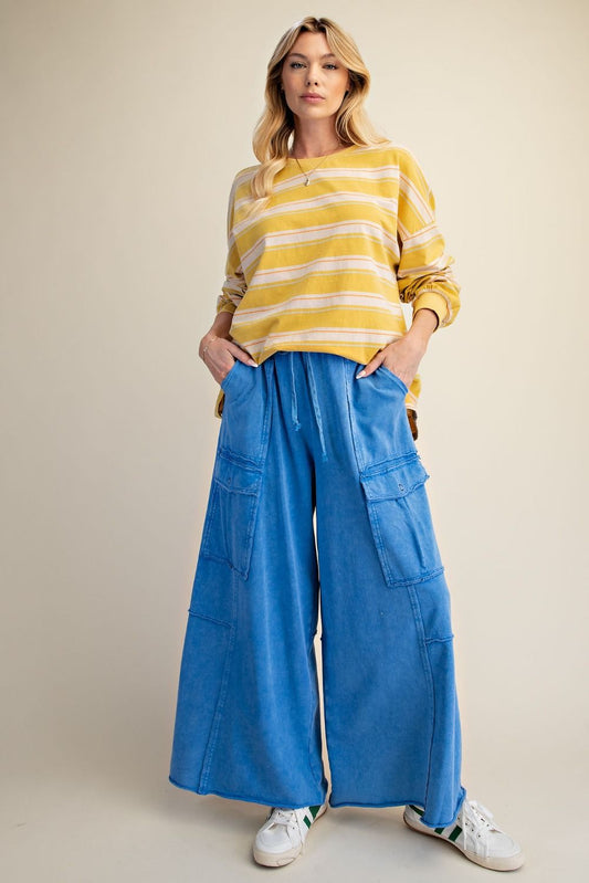 Washed Wide Leg Terry Cargo Pants in Cadet Blue