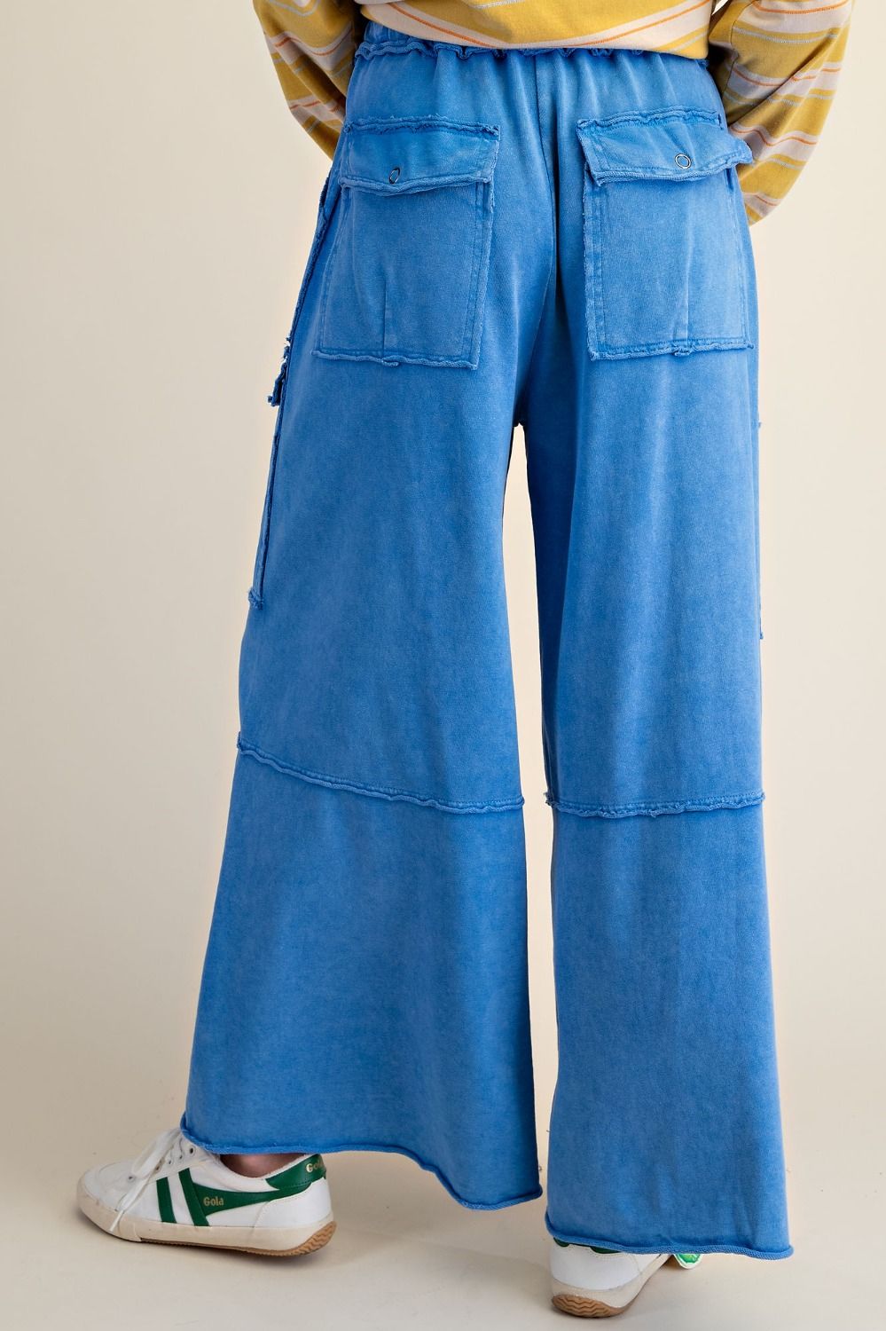 Washed Wide Leg Terry Cargo Pants in Cadet Blue