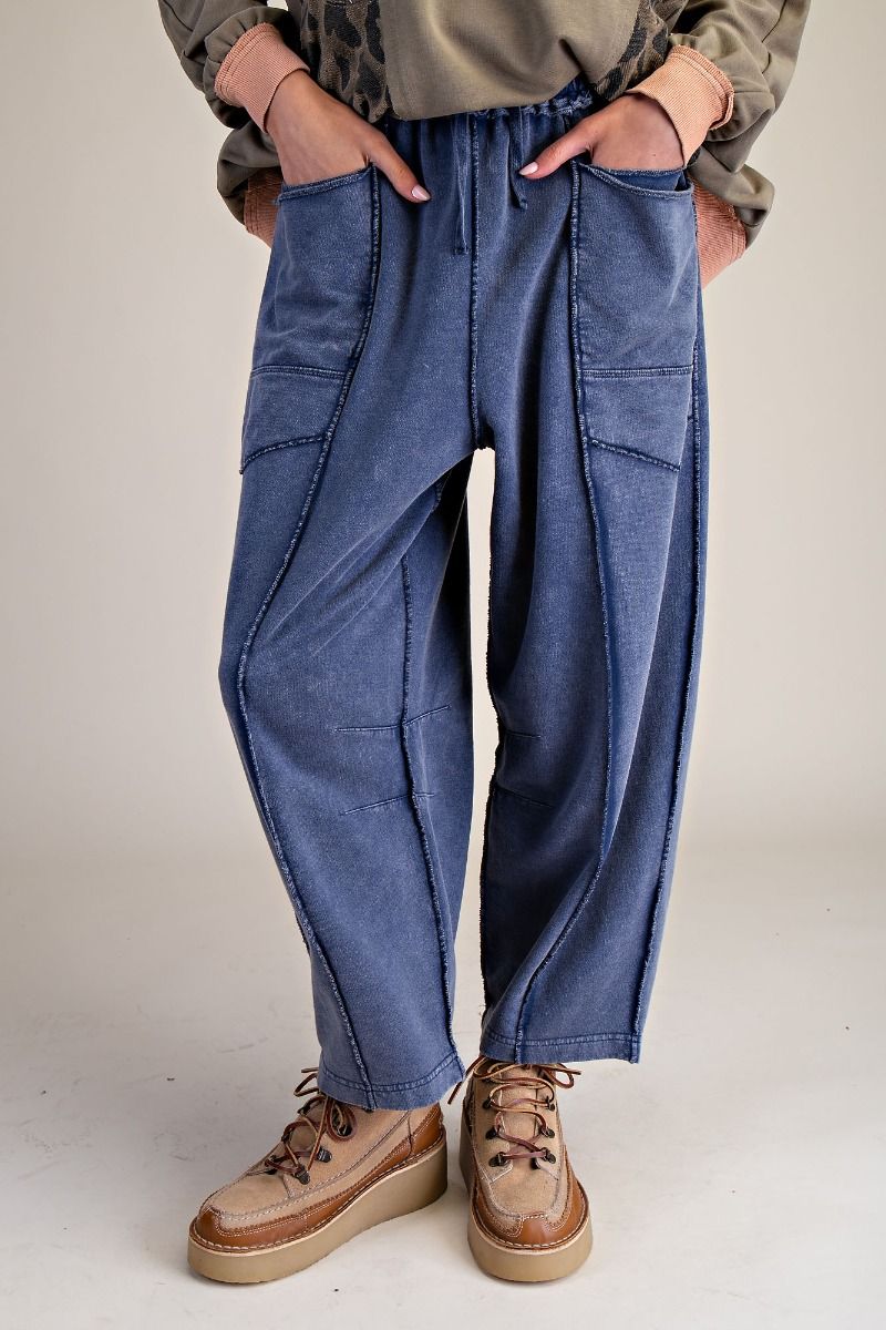 Mineral Wash Terry Knit Barrel Pants in Washed Navy