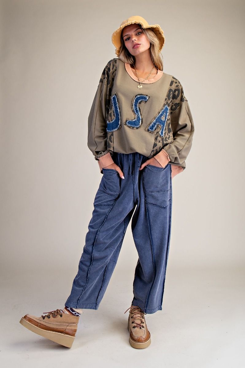 Mineral Wash Terry Knit Barrel Pants in Washed Navy
