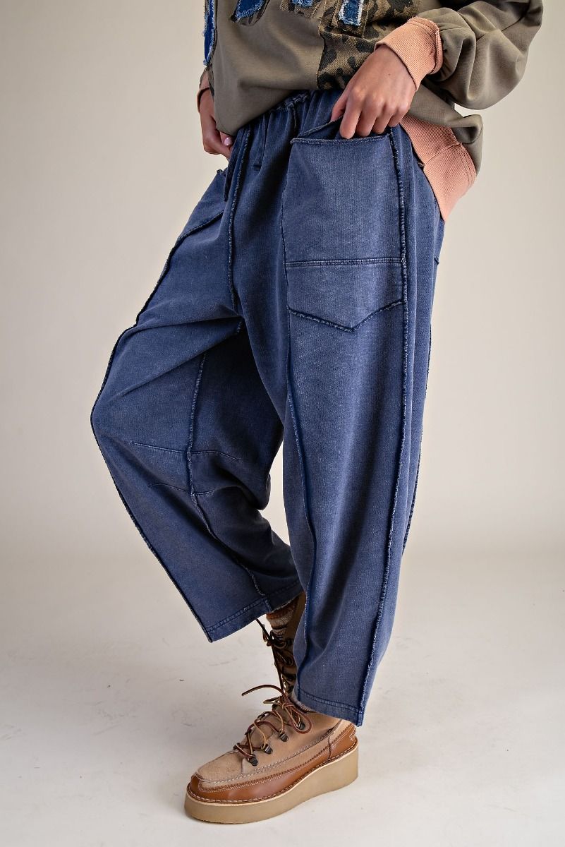 Mineral Wash Terry Knit Barrel Pants in Washed Navy
