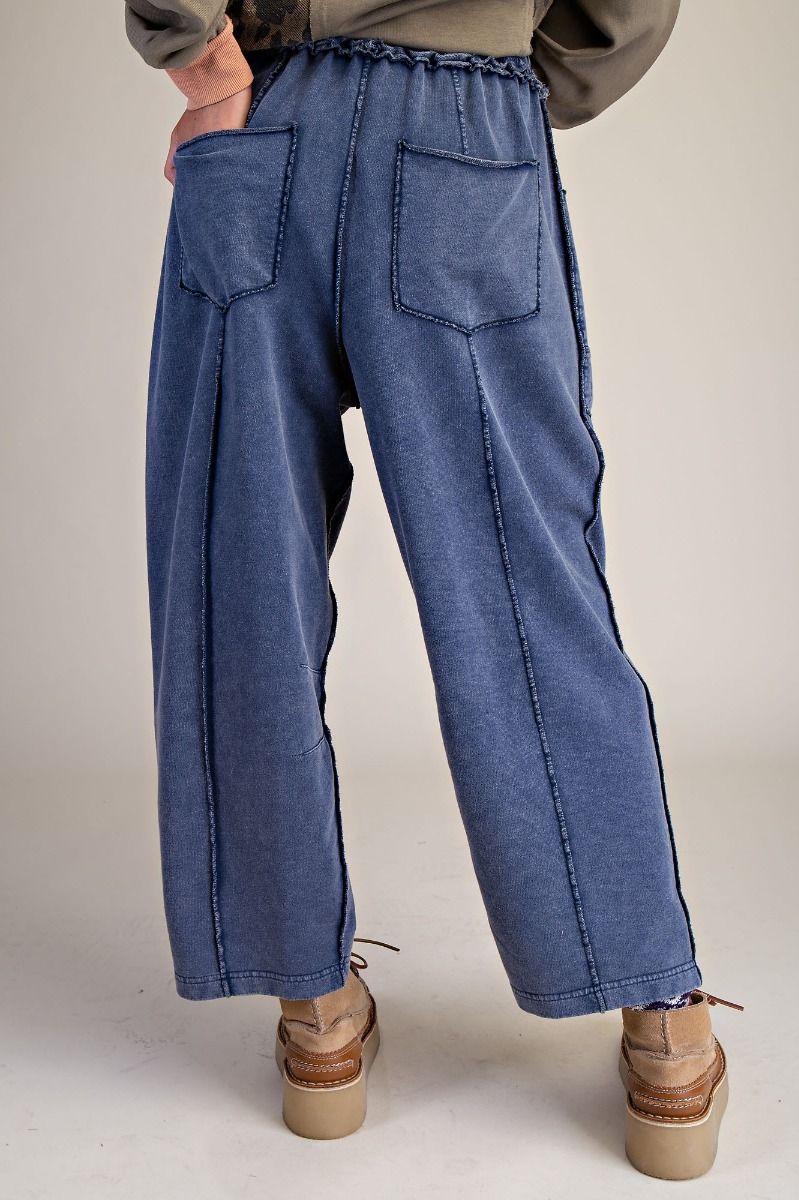 Mineral Wash Terry Knit Barrel Pants in Washed Navy