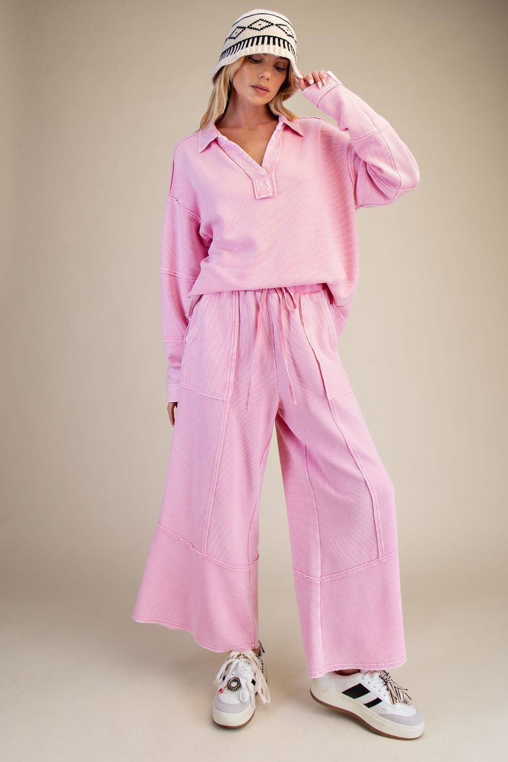 Textured Mineral Wash Bellbottom Pant Pink