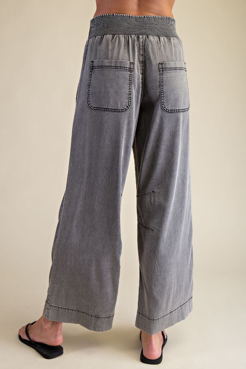 Smocked Waist Black Chambray Pants