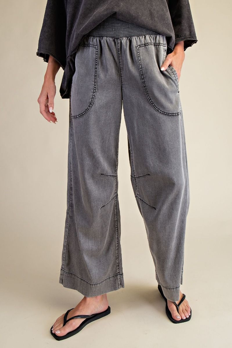 Smocked Waist Black Chambray Pants