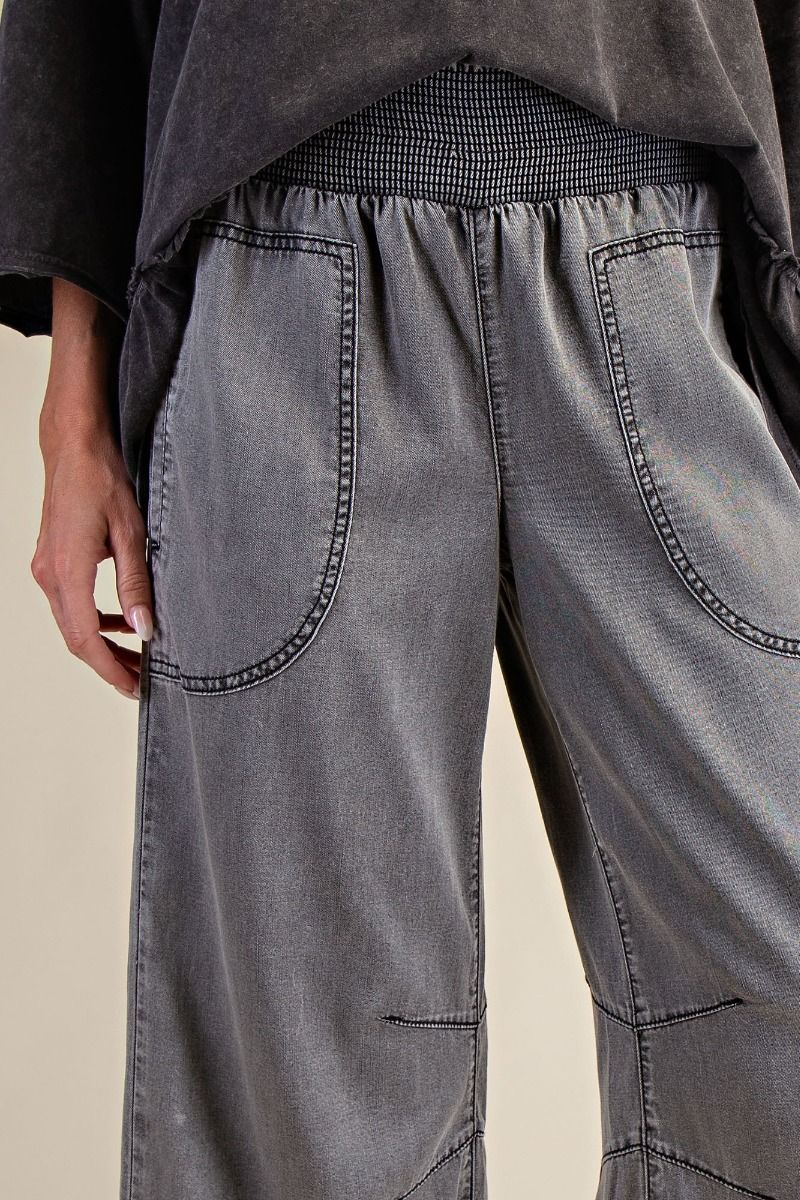 Smocked Waist Black Chambray Pants