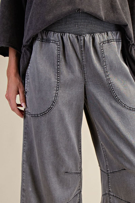 Smocked Waist Black Chambray Pants