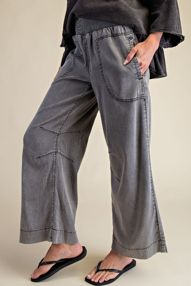 Smocked Waist Black Chambray Pants