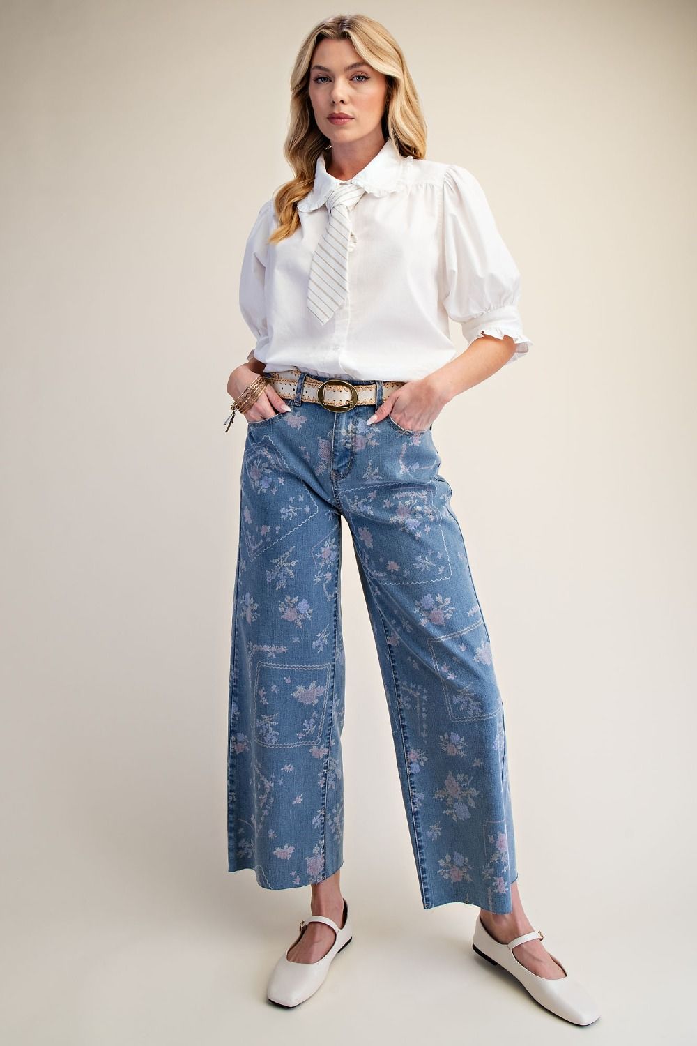 PRINTED ENZYME WASHED STRETCH DENIM PANTS