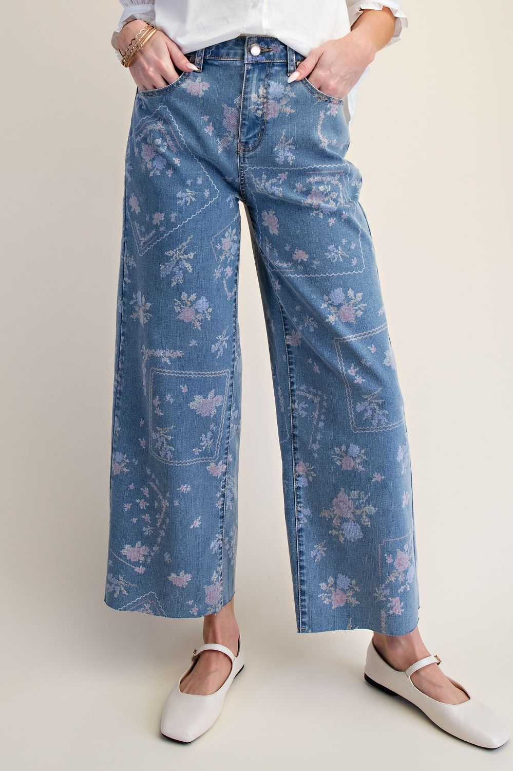 PRINTED ENZYME WASHED STRETCH DENIM PANTS