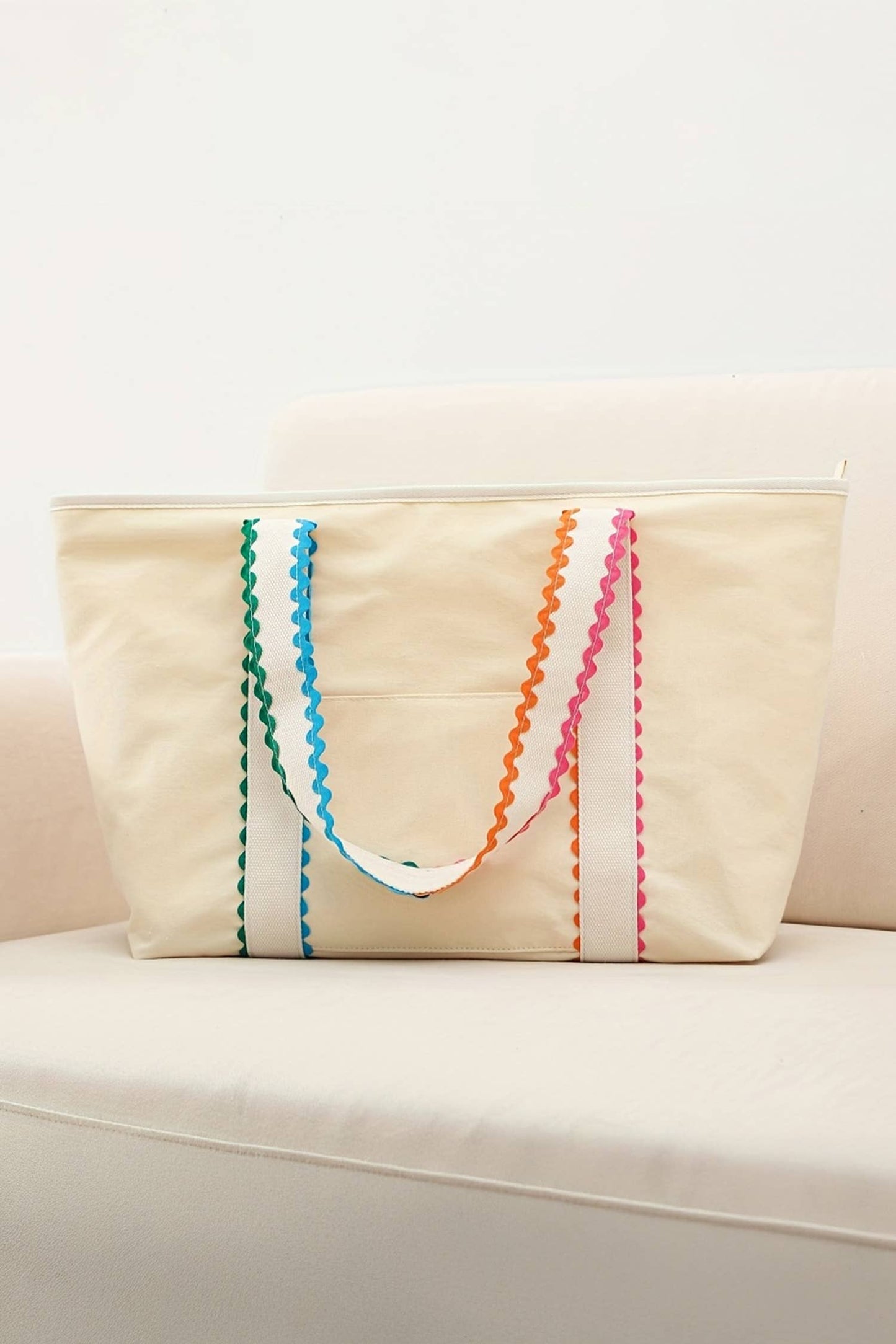 Color Block Colorful Ricrac Detail Canvas Tote Bag: White