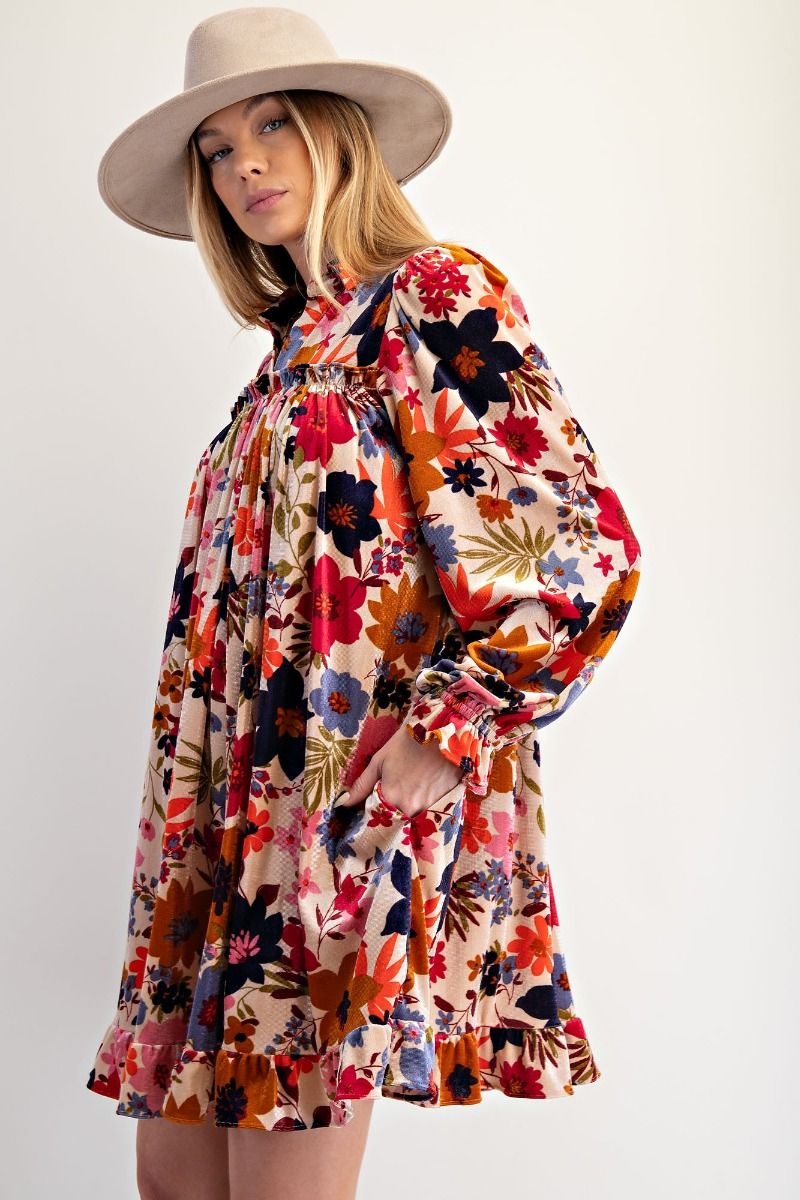 Long Sleeve Printed Velvet Ruffle Dress
