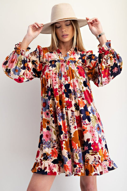 Long Sleeve Printed Velvet Ruffle Dress