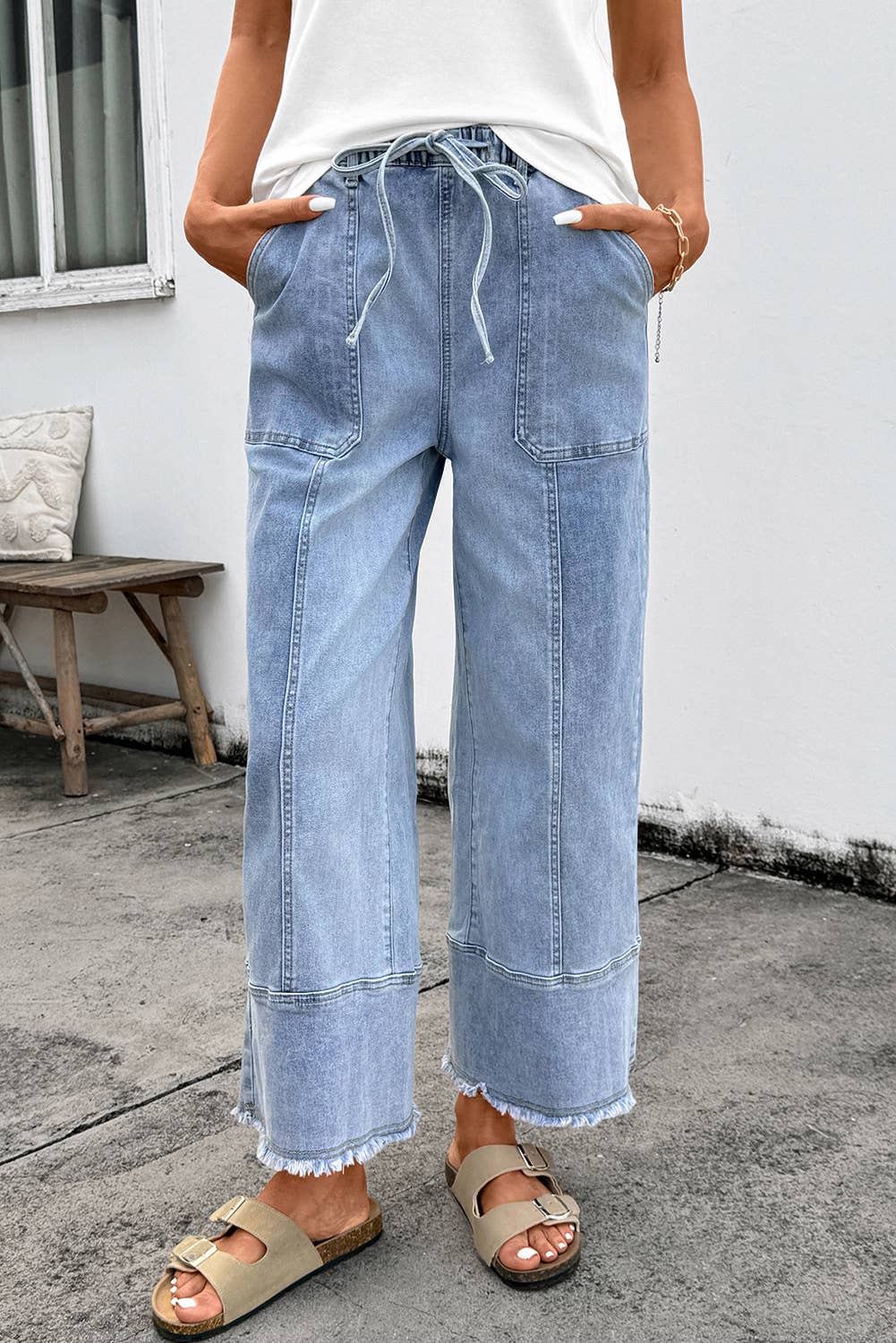 Drawstring Raw Hem Wide Leg Denim Pants