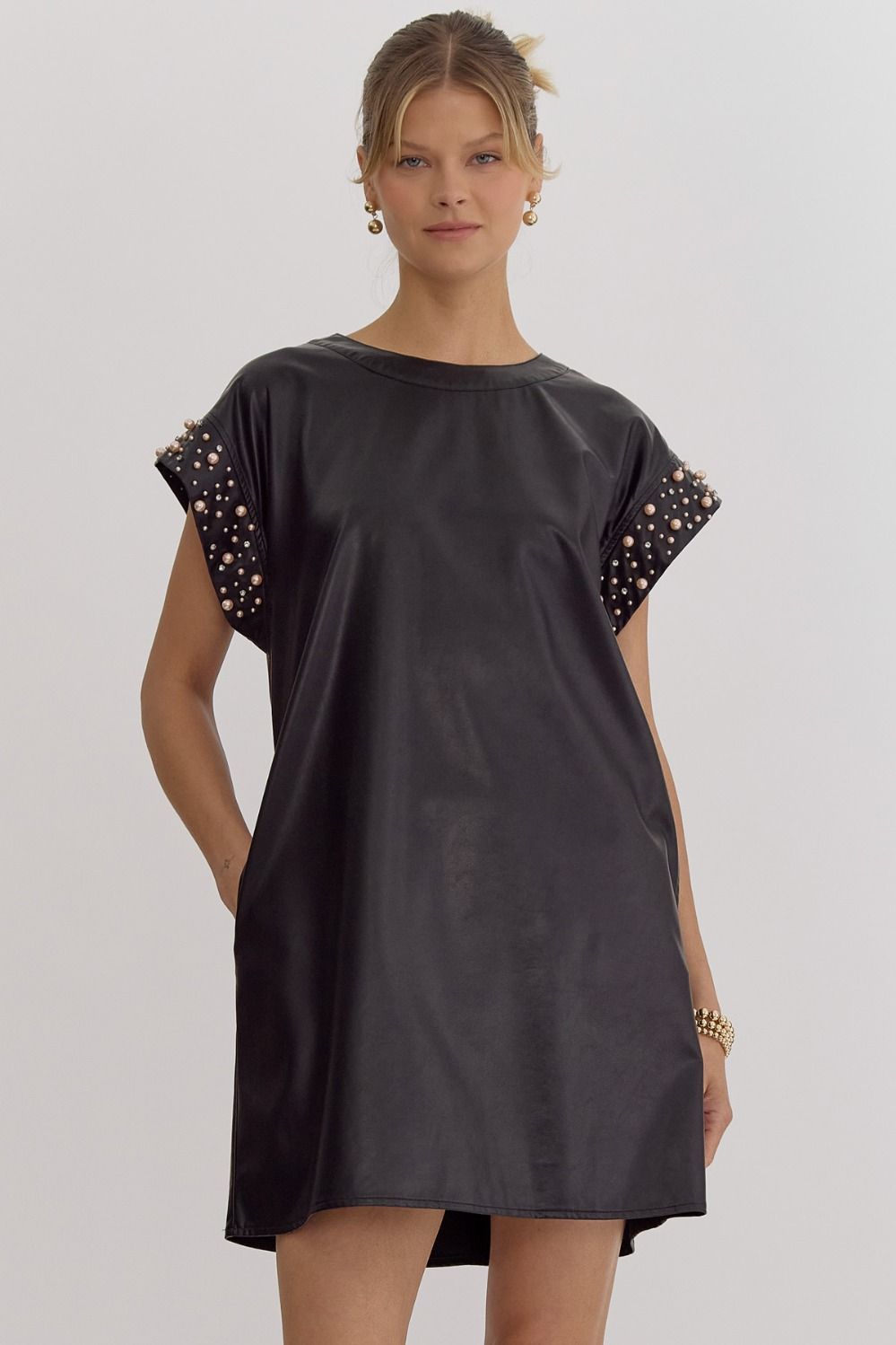 Faux Leather Dress with Rhinestone & Pearl Shoulder Detail in Black