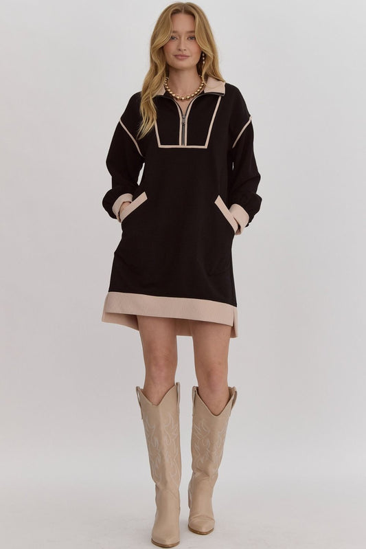 Solid Ribbed Zip Up Collared Dress W/ Pockets