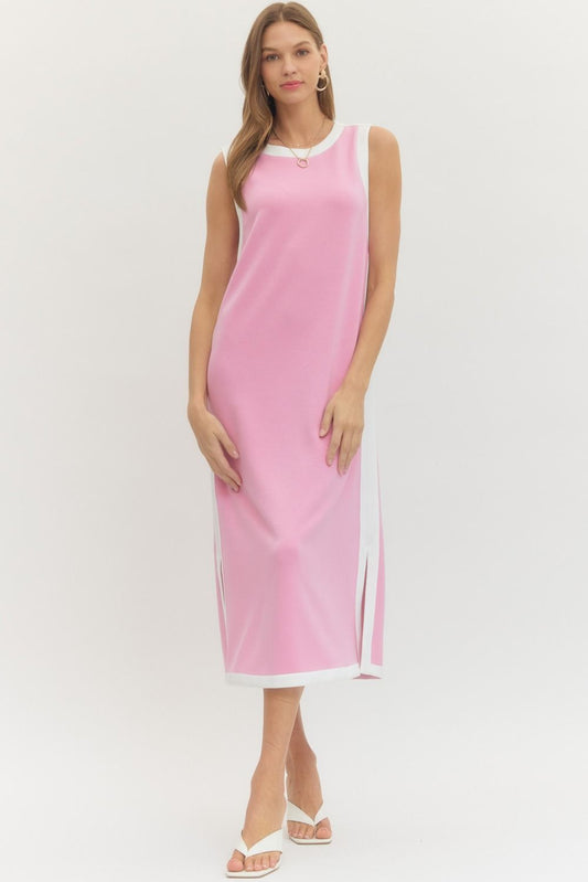 Contrast Binding Sleeveless Midi Dress Pink