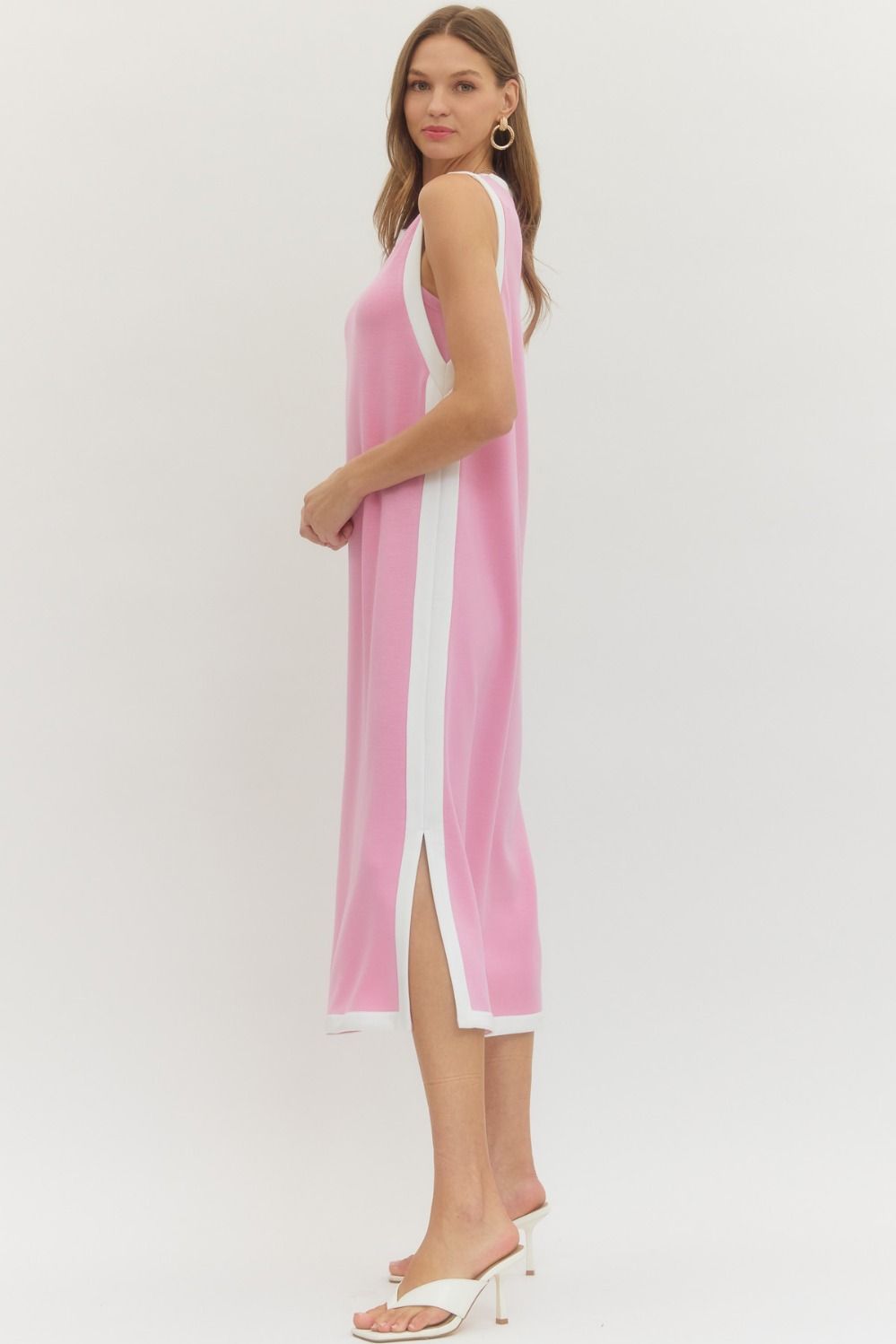 Contrast Binding Sleeveless Midi Dress Pink