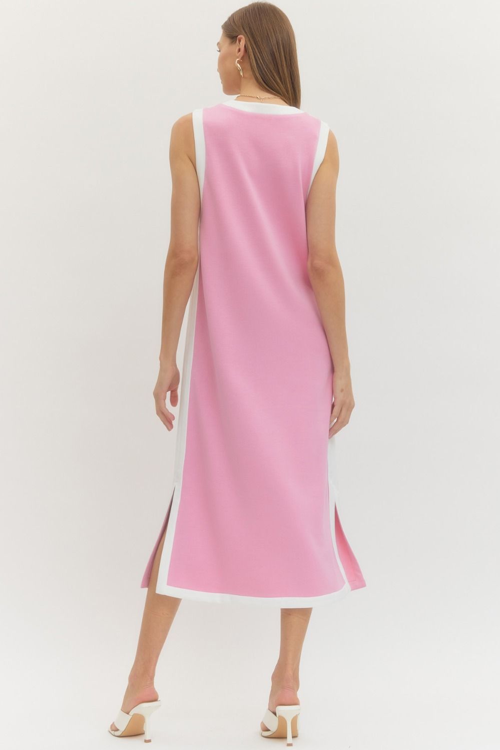 Contrast Binding Sleeveless Midi Dress Pink