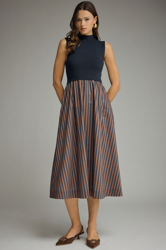 Mock Neck Striped Midi Dress