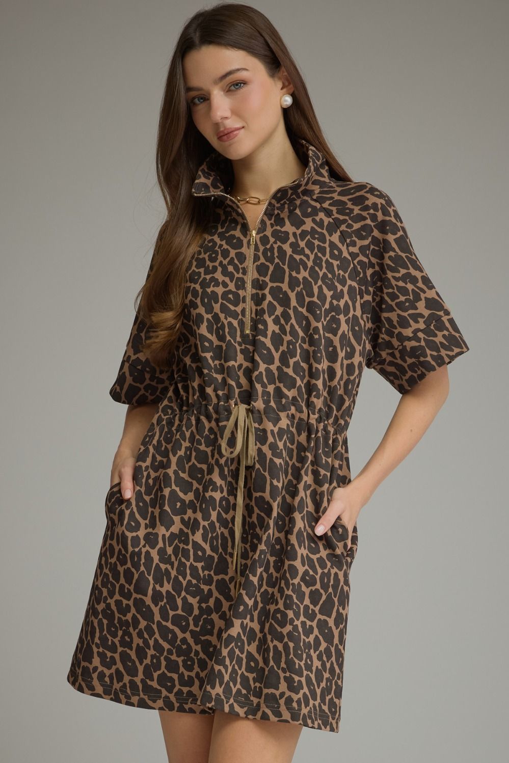 Animal Print Drawstring Midi Dress
