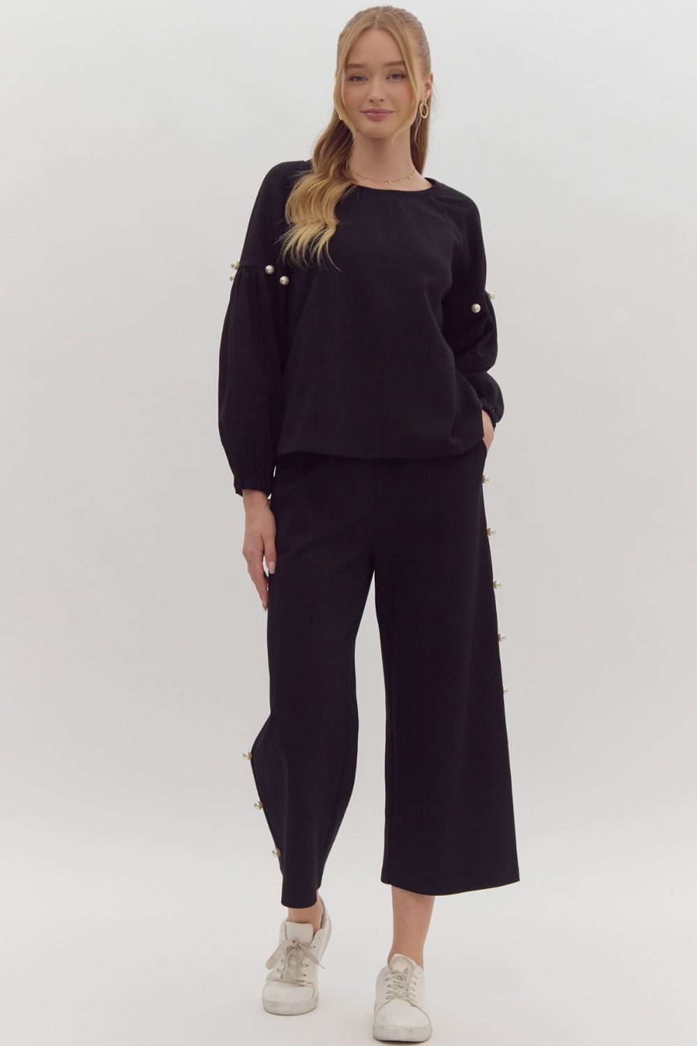 Long Sleeve Top featuring Pearl Embellishments W/ Cropped Pants