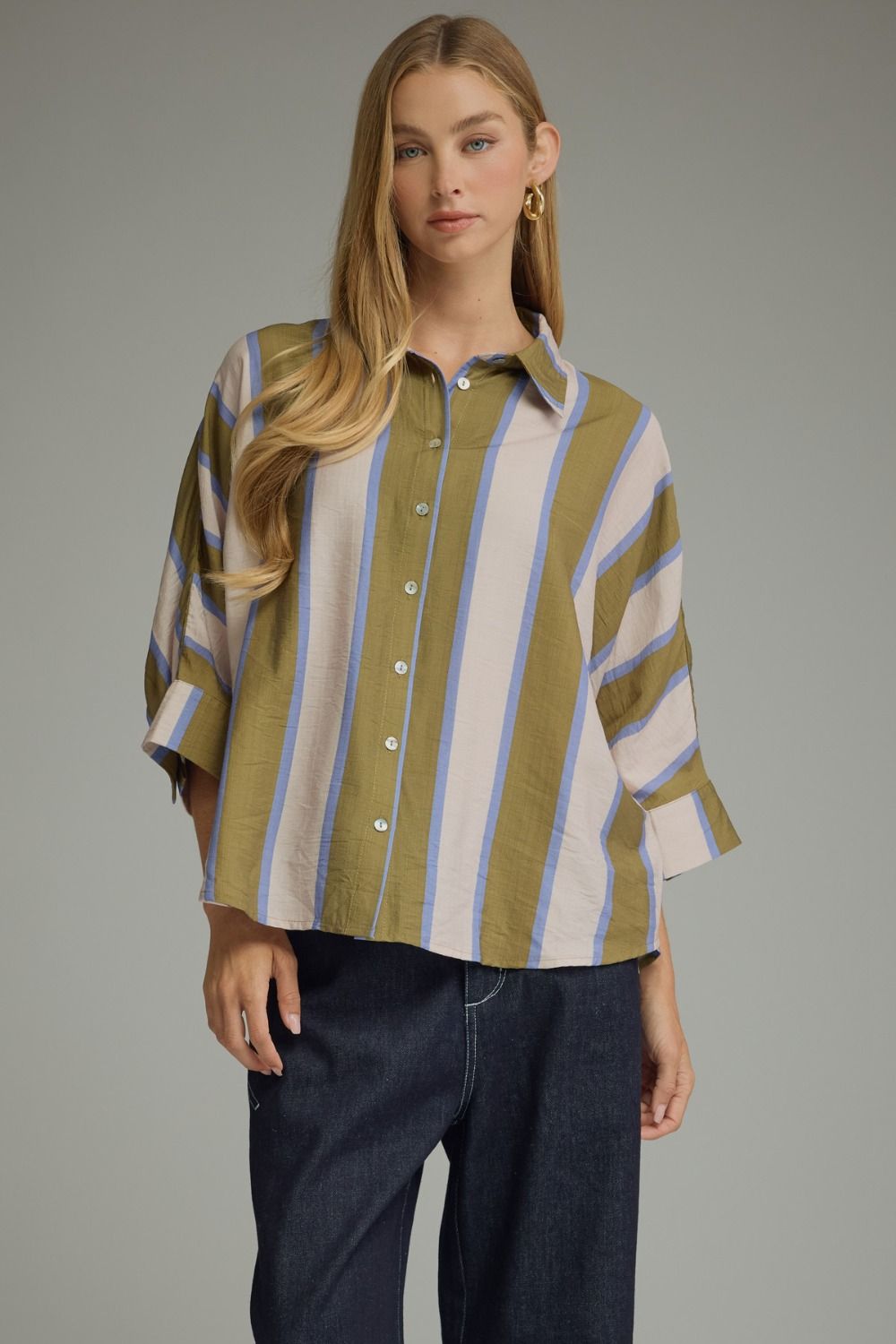 Olive Striped Button Down Top