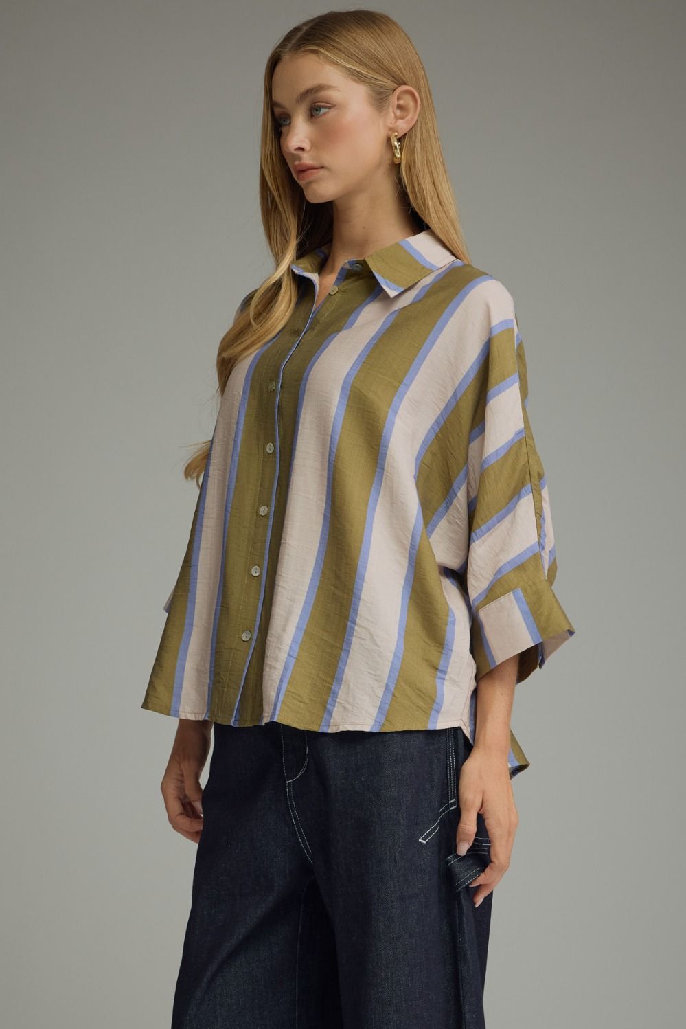 Olive Striped Button Down Top