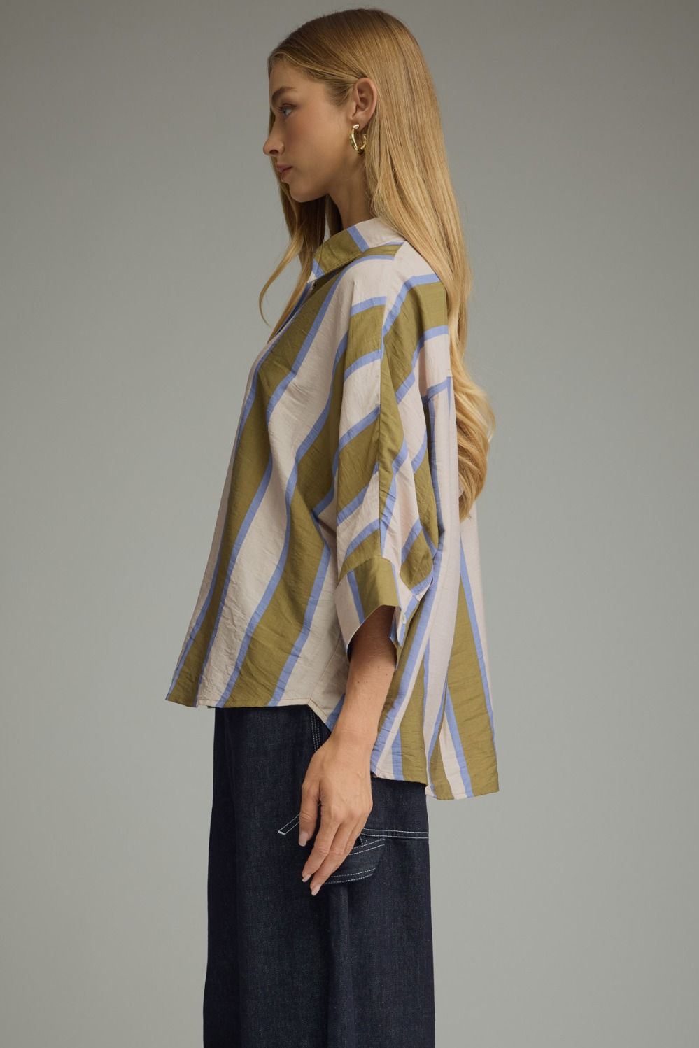 Olive Striped Button Down Top