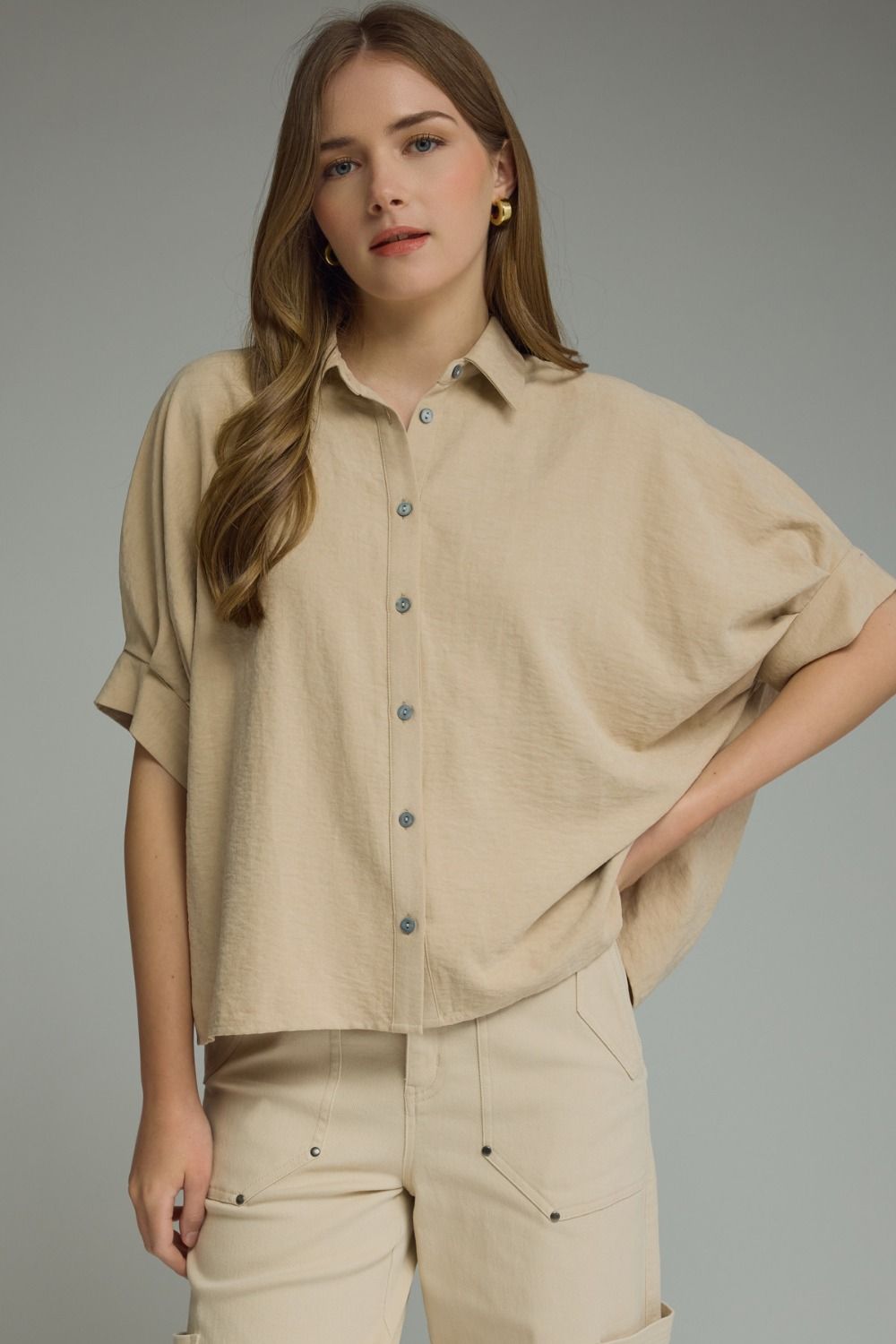 Dolman Short Sleeve Button Up