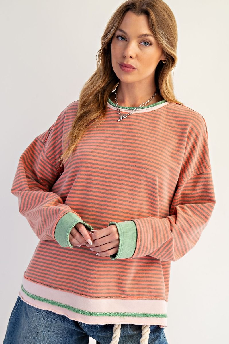Oversized Stripe Washed Terry Pullover