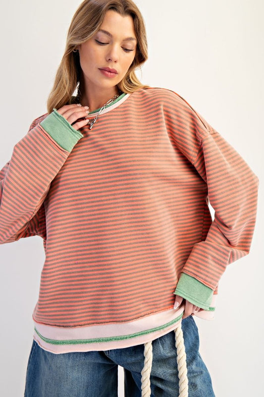 Oversized Stripe Washed Terry Pullover