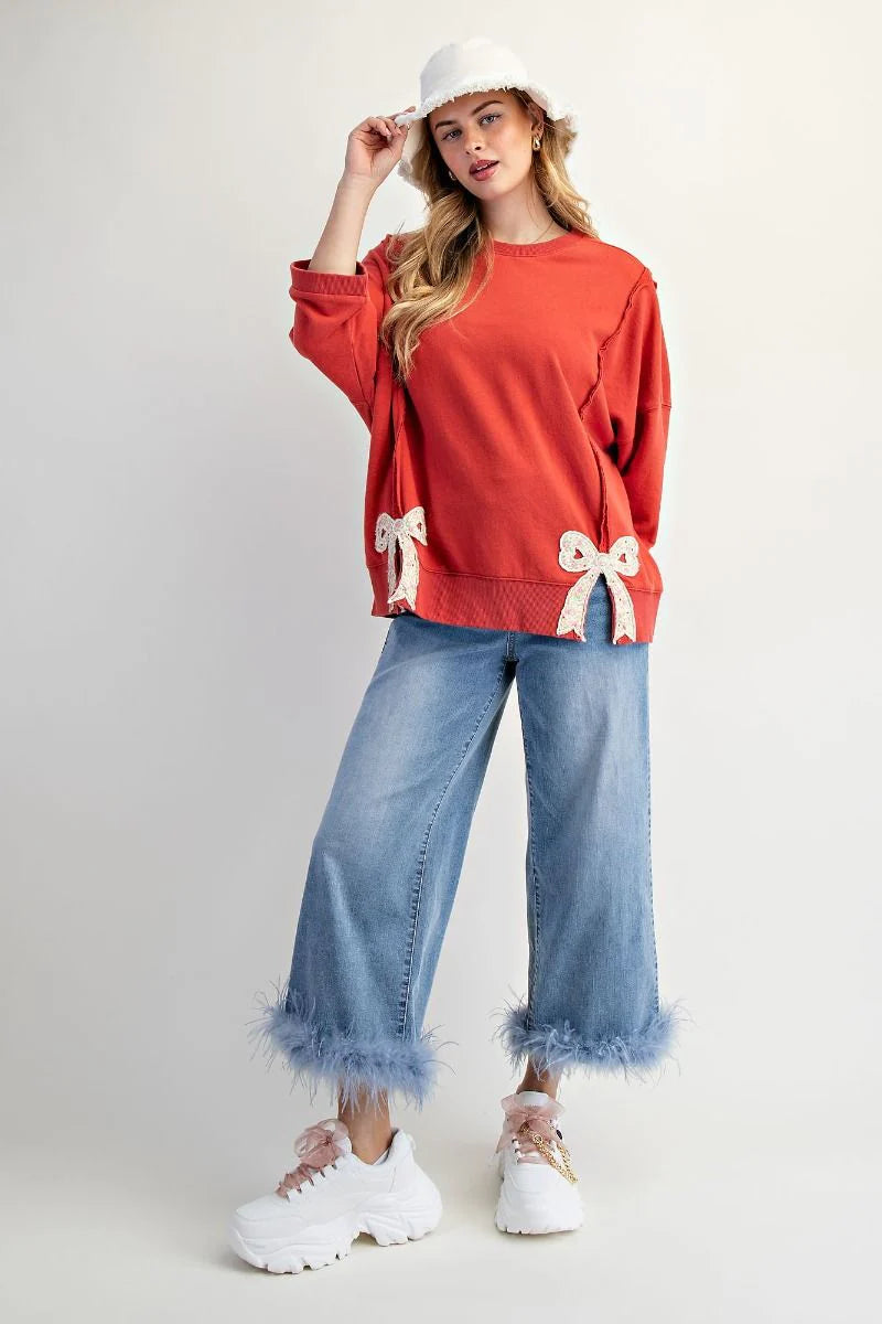 Terry Knit Top with Applique Bows on Hem in Boho Red