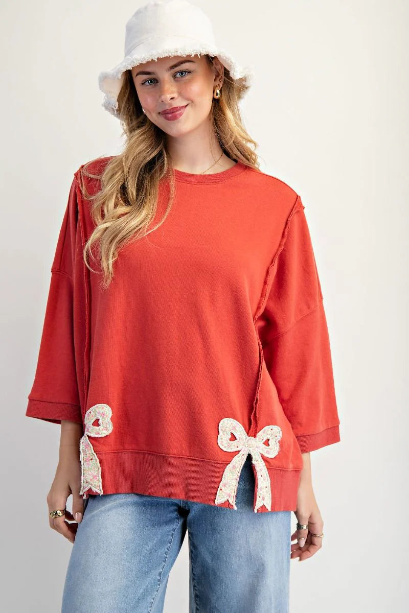Terry Knit Top with Applique Bows on Hem in Boho Red