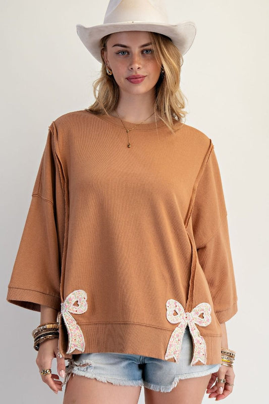 Bow Patch Bottom Hem Washed Terry Pullover