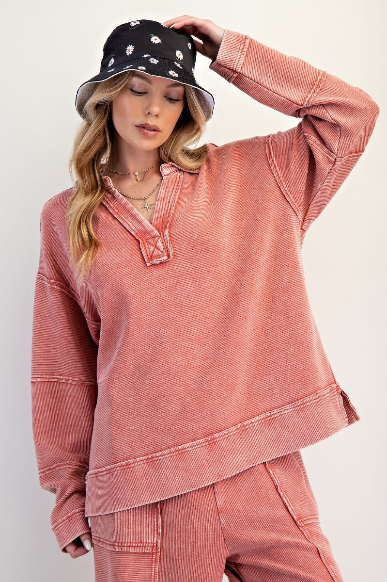 Textured Thermal Washed Pullover in Boho Red