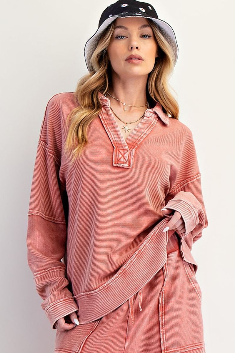 Long Sleeve Textured Thermal Washed Pullover
