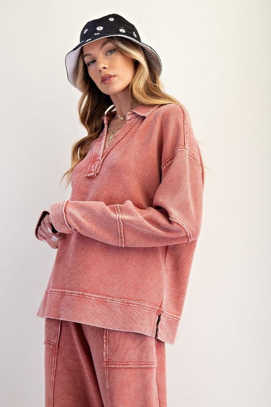 Long Sleeve Textured Thermal Washed Pullover