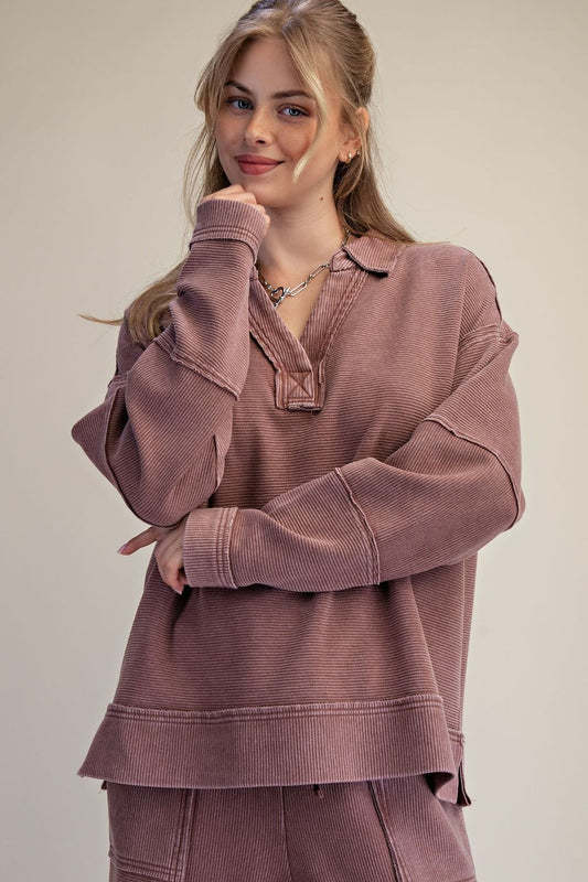 Textured Thermal Washed Pullover in Hot Chocolate