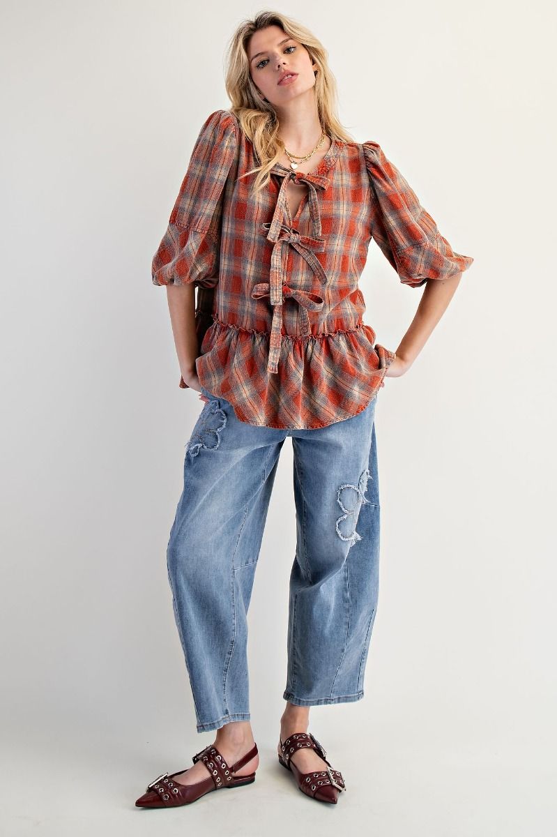 Vintage Rust Plaid Bow Front Top