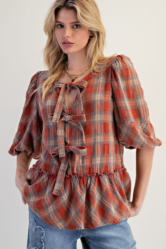 Vintage Rust Plaid Bow Front Top
