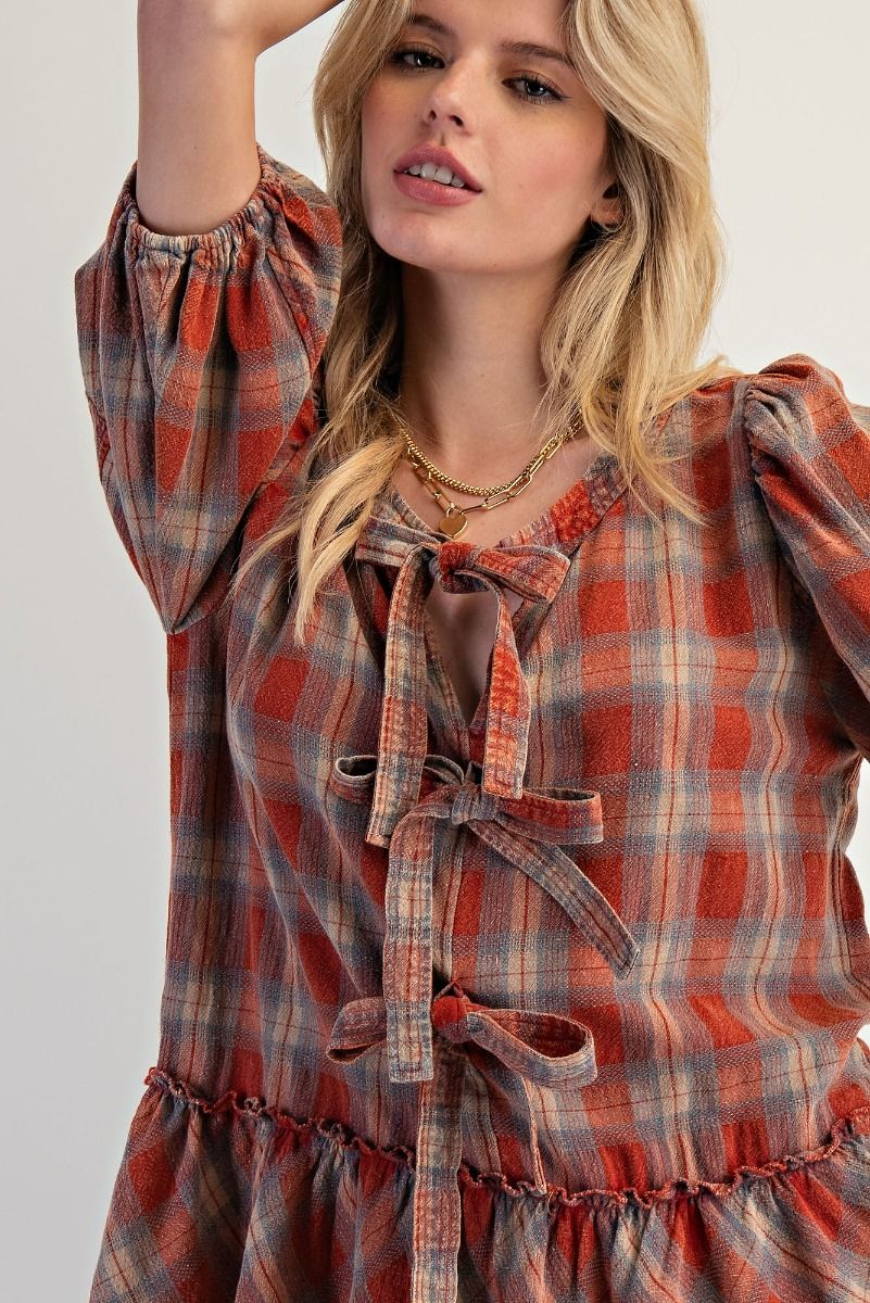 Vintage Rust Plaid Bow Front Top