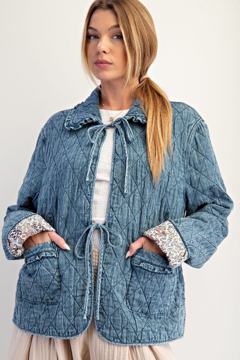 Washed Denim Bow Front Quilt Jacket