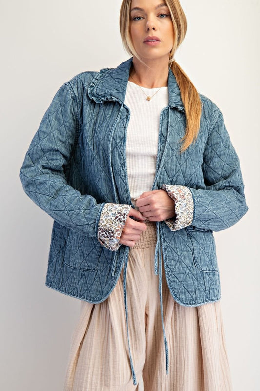 Washed Denim Bow Front Quilt Jacket