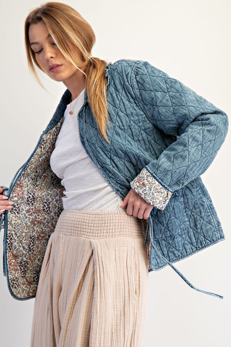 Washed Denim Bow Front Quilt Jacket