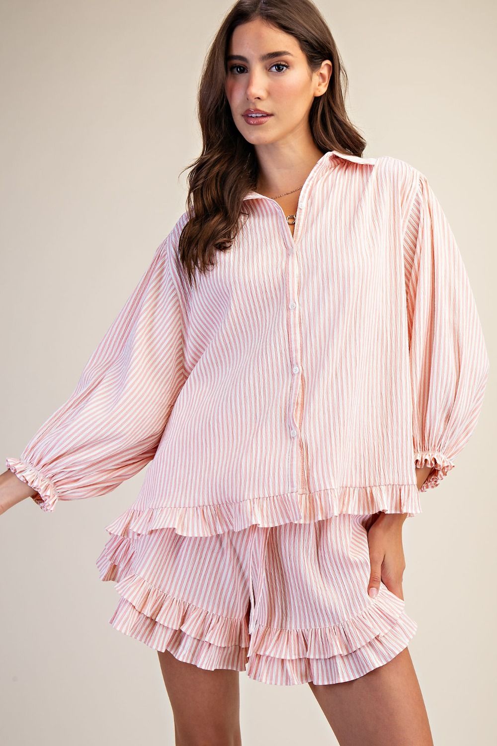 Strip Button Down Top Light Coral