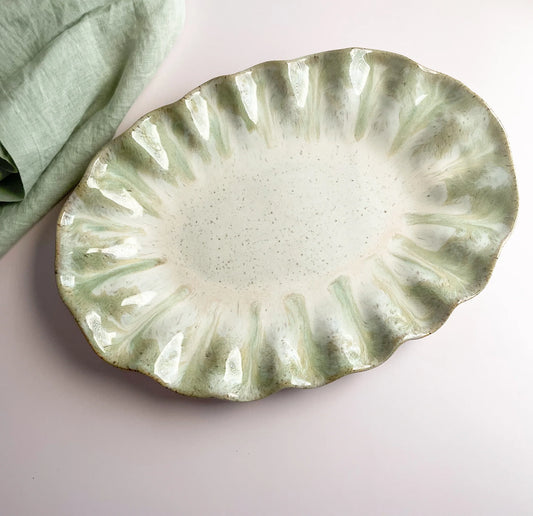 Fluttered Oval Platter in Matcha Latte