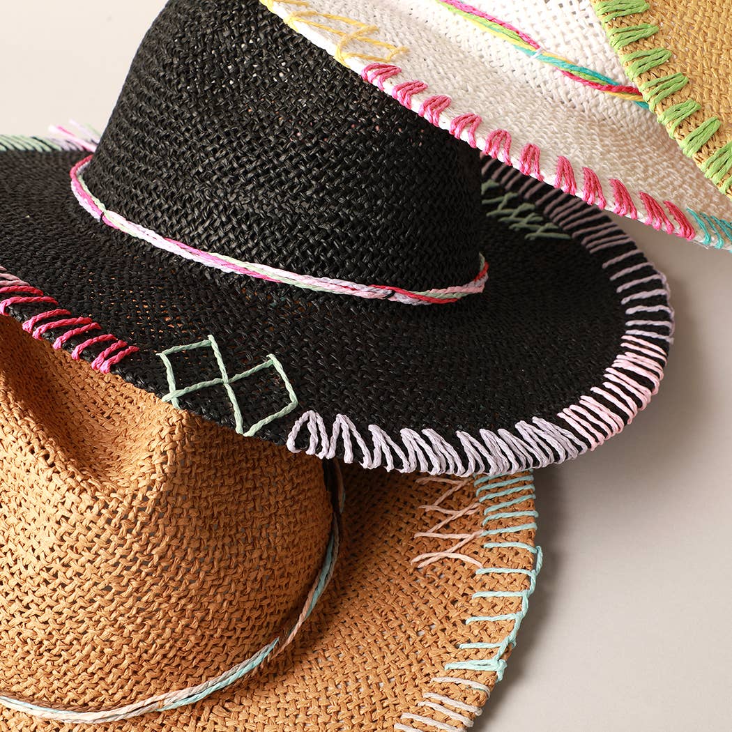 Multi-Colored Stitched Brim Panama Hat: DK.NATURAL / ONE SIZE