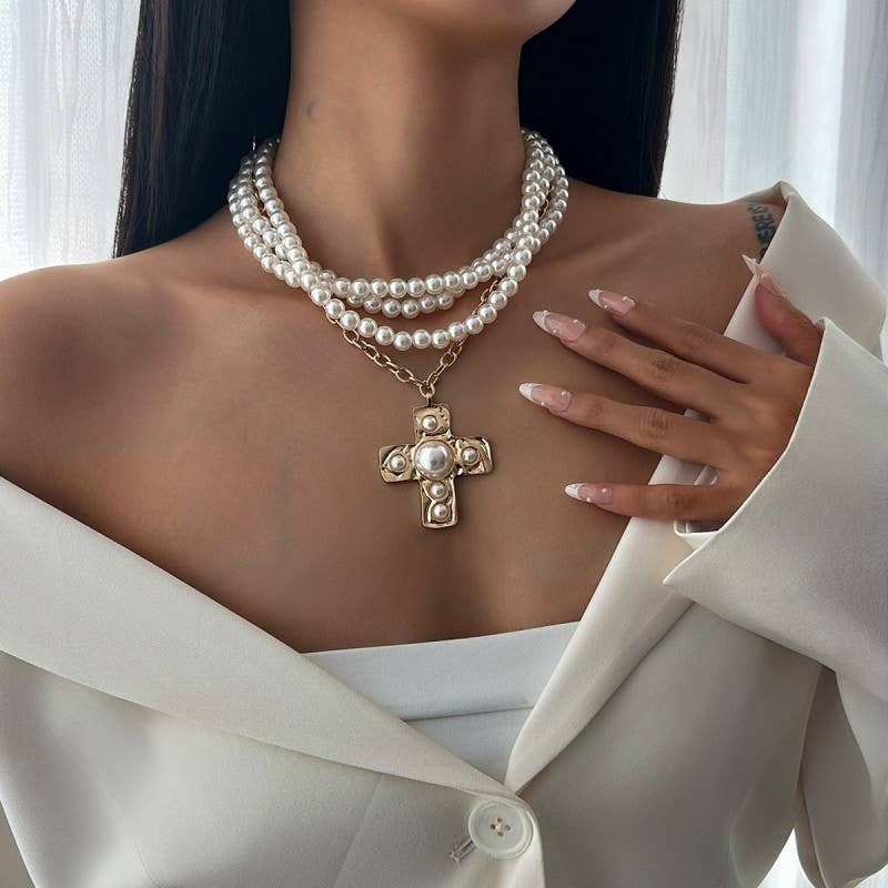 MULTI WRAP PEARL BEADED CROSS CHARM NECKLACE | GOLD