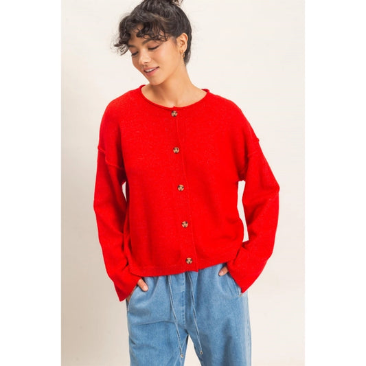 Crew Neck Button Up Cardigan